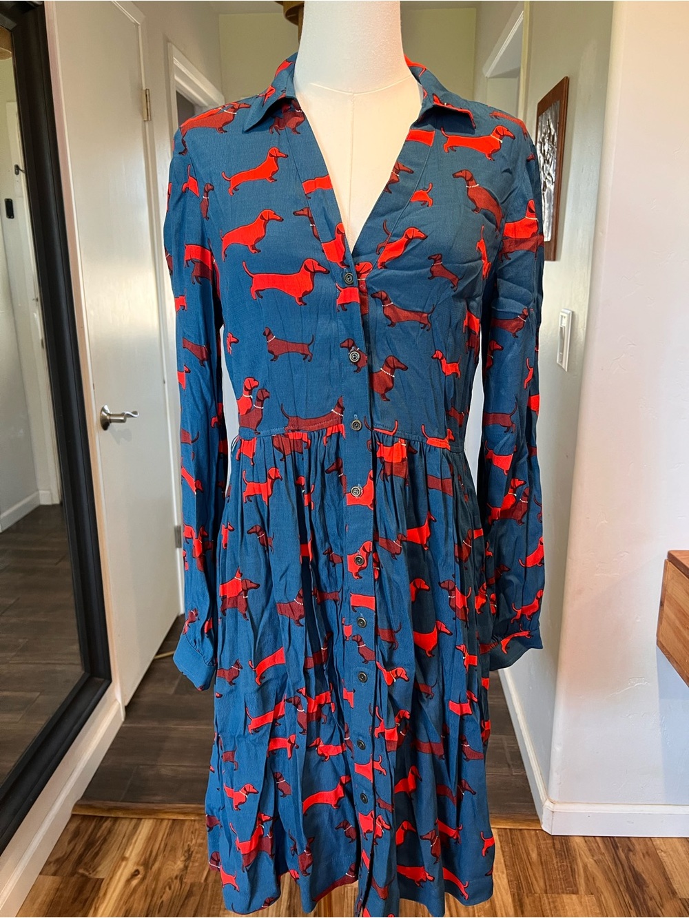 Anthropologie Teal Blue Button-Front Dress with Red Dachshund Print (no belt)